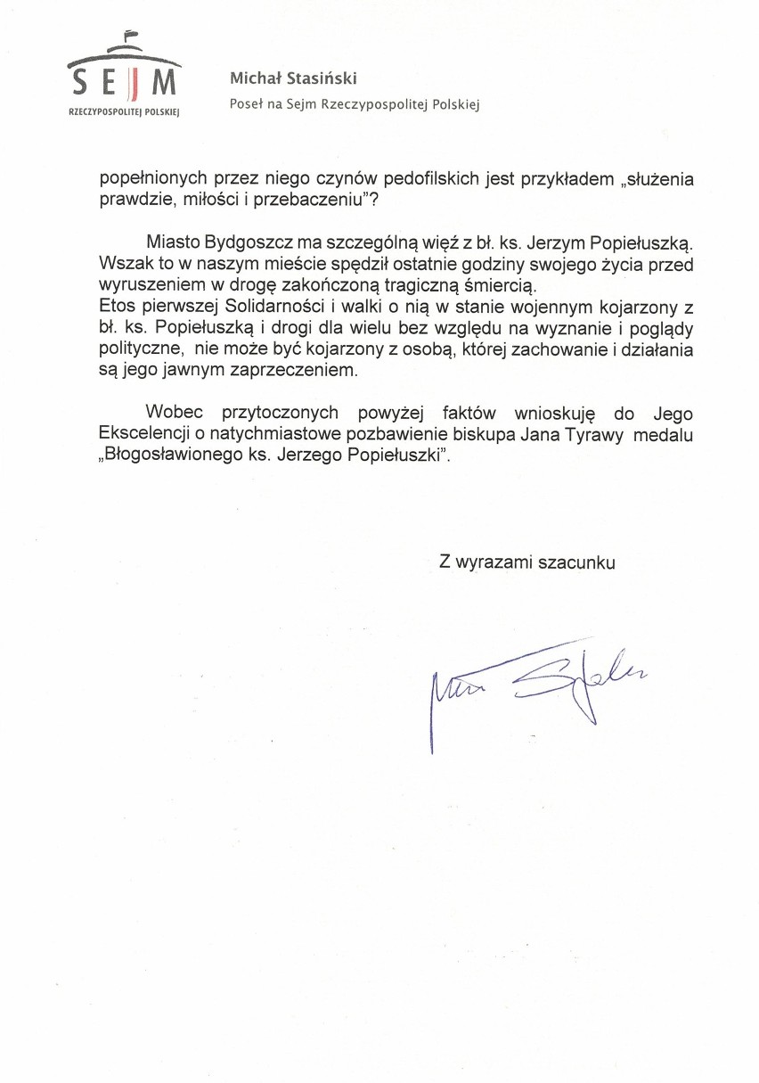 Poseł Stasiński chce zdegradowania biskupa Tyrawy. Napisał list do MON