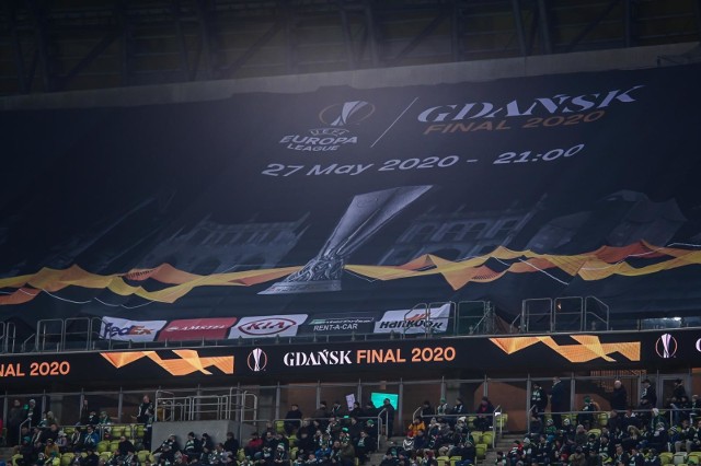 21.12.2019 gdanskenerga stadion gdansk. pko ekstraklasa. 20. kolejka sezonu 2019/2020. mecz lechia gdansk - rakow czestochowana zdjeciu: baner zapowiadajacy final liga europy 2020fot. przemek swiderski / polska press / dziennik baltycki