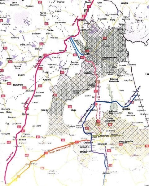 Via Baltica (ciemnoczerwona) pobiegnie przez Łomżę, Białystok zyska Via Carpatia i połączenia ekspresowe.
