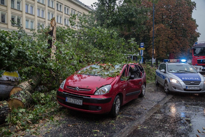 Kraków. Drzewo spadło na dwa samochody. Trzy osoby ranne