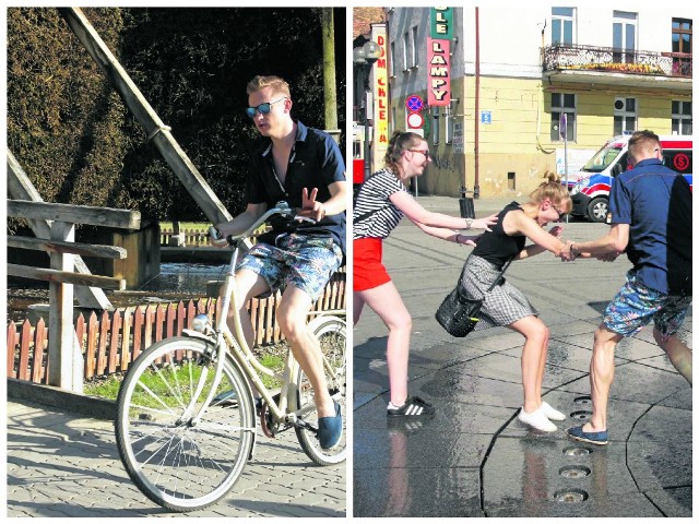 Jarek Wist przy tężniach solankowych - wizytówce Inowrocławia. Scena z ujęcia kręconego przy "grającej" fontannie w Rynku.