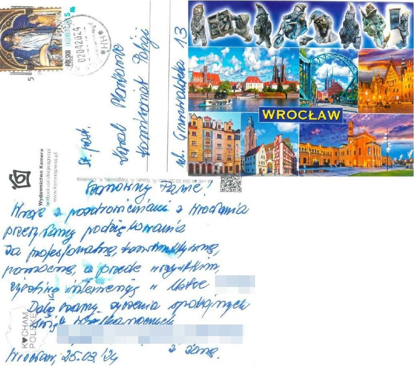 Pocztówka z podziękowaniami z Wrocławia