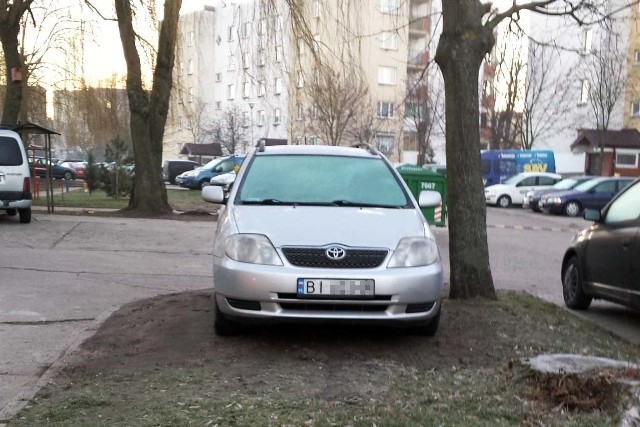 Na Dziesięcinach kierowca toyoty zaparkował na trawniku