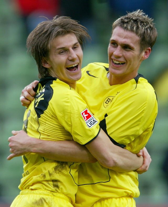 Bohaterzy ostatniej akcji Borussi Dortmund - Euzebiusz Smolarek (z lewej) zanotował asystę przy golu Sebastiana Kehla (z prawej).