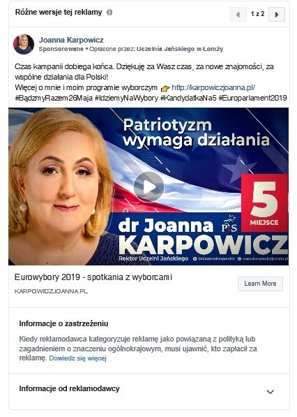 Za reklamy kandydatki z PiS Joanny Karpowicz zapłaciła prywatna uczelnia, której jest rektorem. Tak wynika z Facebooka