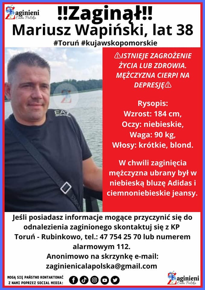 Zaginiony Mariusz Wapiński, kucharz z Torunia. Szuka go policja, detektyw, rodzina...