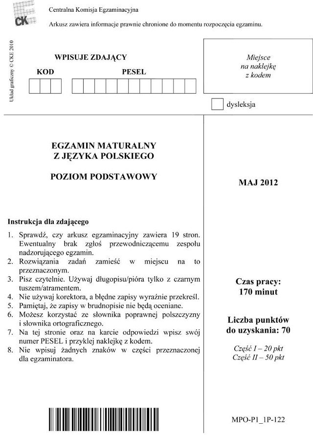 Matura 2012 z języka polskiego. Arkusz, test, pytania. TUTAJ ZNAJDZIESZ SUGEROWANE ODPOWIEDZI >>> Matura 2012 - język polski - sugerowane odpowiedzi