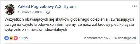 Facebookowe konto "Zakład Pogrzebowy A.S. Bytom" znane jest...