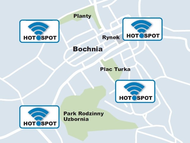 To w tych miejscach w Bochni obecnie każdy może serfować w sieci za darmo. Mieszkańcom marzy się, że punktów przybędzie, bo jak mówią, teraz niemal każdy ma w telefonie dostęp do WiFi