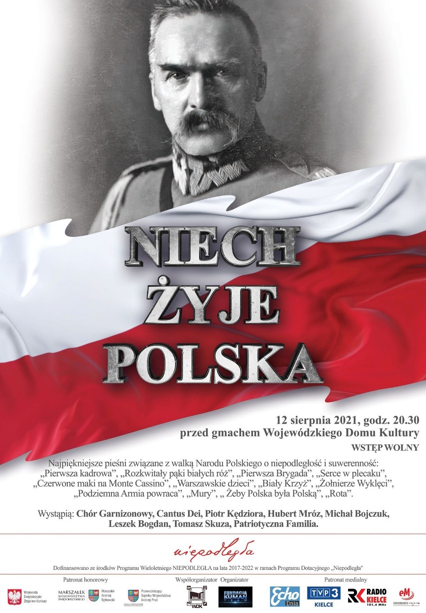 Patriotyczny koncert "Niech żyje Polska!". Muzyka na żywo i historyczny pokaz na gmachu Wojewódzkiego Domu Kultury w Kielcach