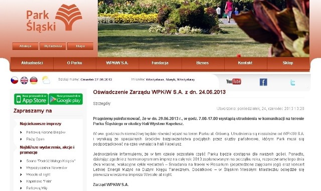 Oświadczenie zarządu Parku Śląskiego
