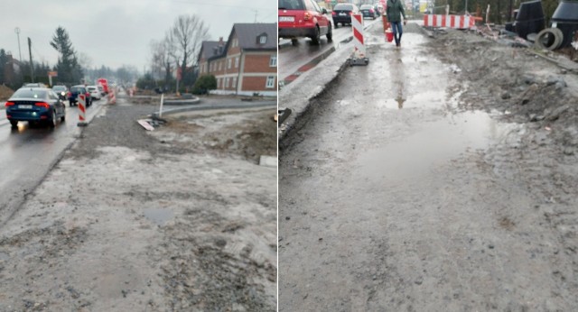 Obecnie przejście poboczem w pobliżu stacji PKP wiąże się z dużym ryzykiem wdepnięcia w kałużę.