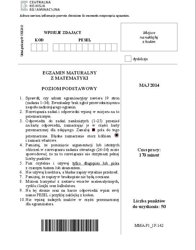 Matura 2014. Matematyka - poziom podstawowy [arkusze CKE, tematy, pytania, odpowiedzi]