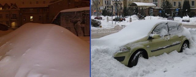 Z lewej zaspa przypominająca samochód, z prawej - zasypane śniegiem renault