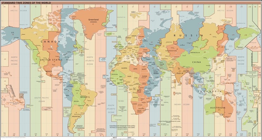 Mapa świata z podziałem na strefy czasowe.

Domena publiczna
