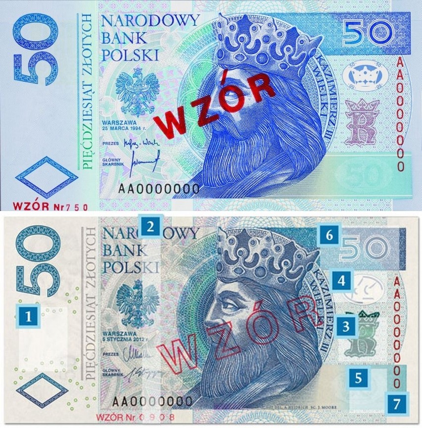 Wzory banknotów przed i po zmianach