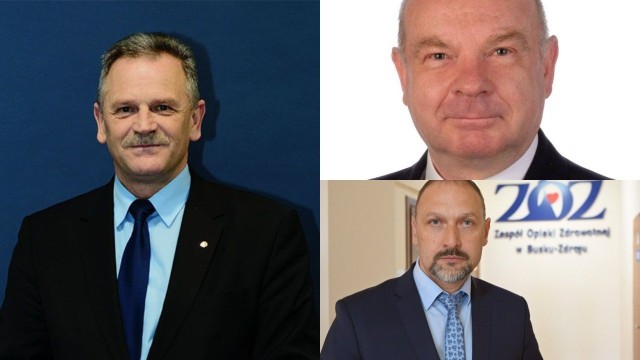 Po lewej Jerzy Kolarz, starosta buski. Po prawej: Jan Bartosik, radny powiatowy Prawa i Sprawiedliwości w powiecie buskim, Grzegorz Lasak, dyrektor buskiego szpitala.