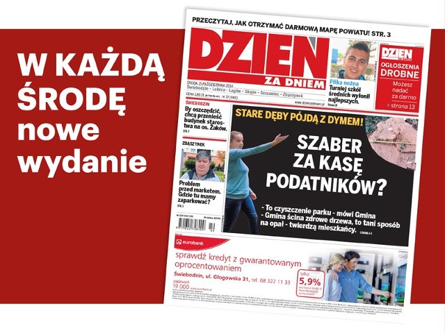 W środę, 15 października nowe wydanie tygodnika "Dzień za Dniem", do nabycia w kioskach i punktach sprzedaży na terenie miejscowości Świebodzin, Lubrza, Skąpe, Łagów, Szczaniec, Zbąszynek.