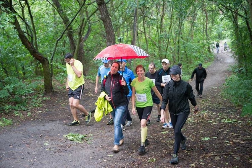 W lasku obok V LO w Toruniu biegacze biegli w deszczu w 209...