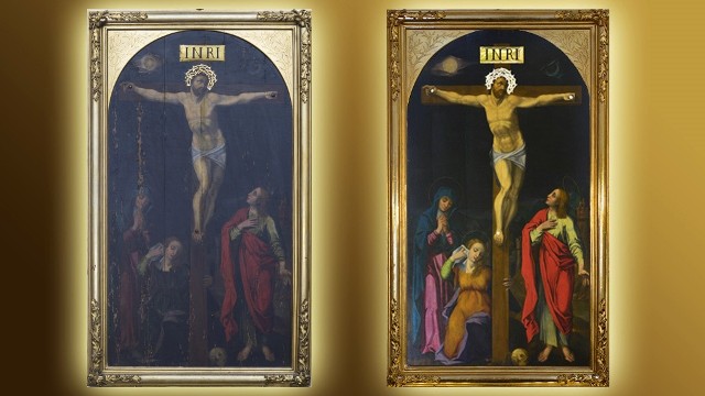 Obraz „Ukrzyżowanie” w kościele Farnym w Radomiu - z lewej widok przed, a z prawej - po odrestaurowaniu.
