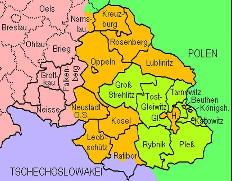 Wyniki plebiscytu z 1921 roku na Śląsku. Na zielono...