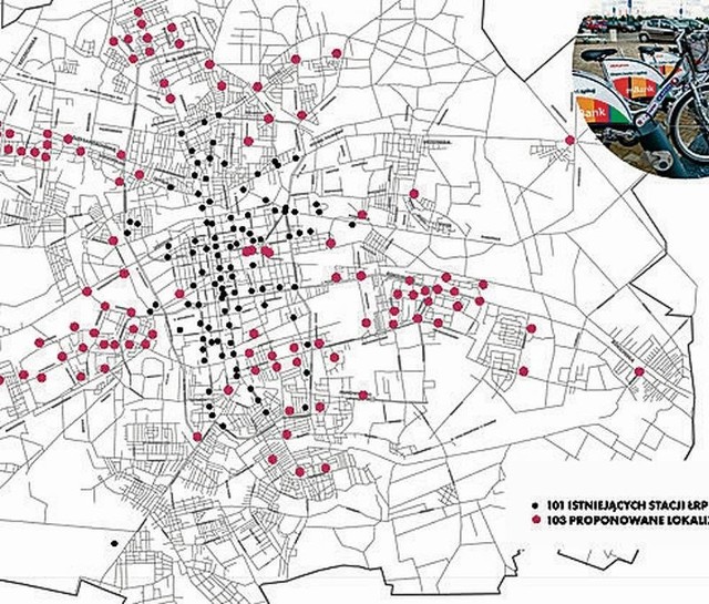 W pierwszej kolejności - w Nowym Centrum ŁodziSto trzy nowe stacje miejskiego roweruCzerwone kropki to nowe stacje, czarne to istniejące. 
