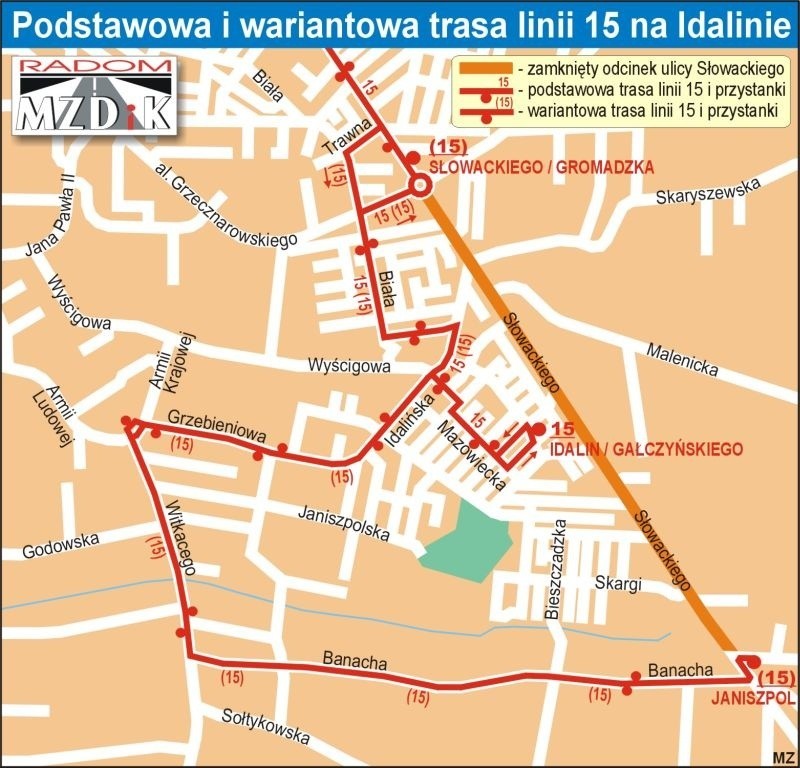 Podstawowa i wariantowa trasa linii 15 na Idalinie.