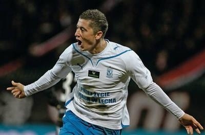 Najlepszy snajper ekstraklasy Robert Lewandowski (Lech Poznań) tak cieszył się wczoraj z drugiej bramki strzelonej Polonii Warszawa Fot. PAP/Bartłomiej Zborowski