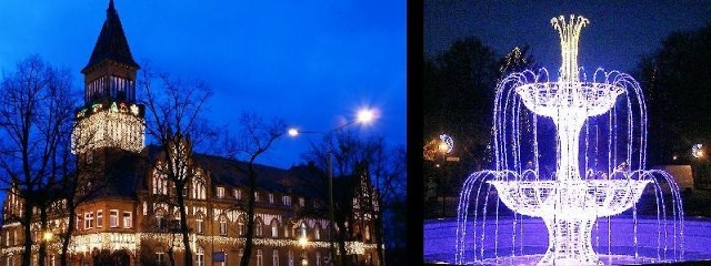 Inowrocławski ratusz w bożonarodzeniowej szacie; obok świetlna fontanna, największa obecnie atrakcja Solanek