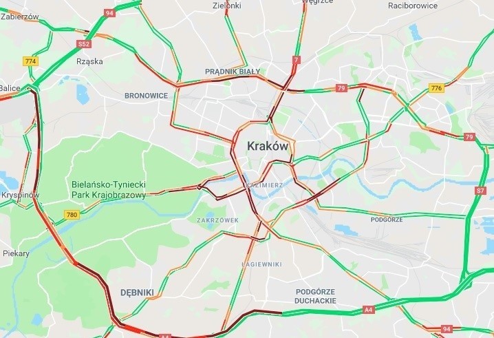 Kraków zakorkowany. Trudna sytuacja również na autostradowej obwodnicy 