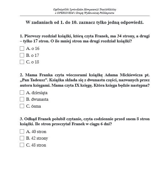 Sprawdzian trzecioklasisty z Operonem - matematyka