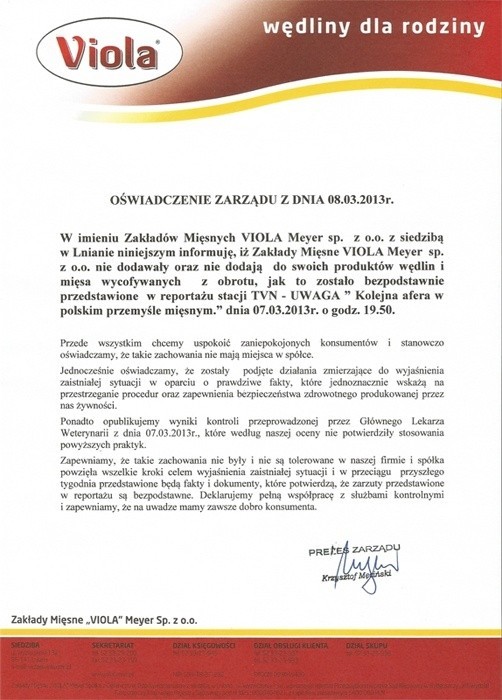 Oświadczenie zarządu firmy Viola z dnia 8.03.2013 roku.