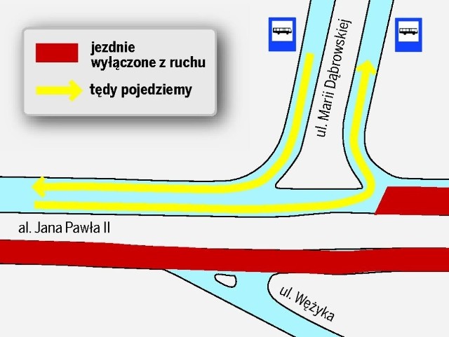 Ruch dwukierunkowy  obowiązywał będzie od  ul. Wysockiej do ul. Marii Dąbrowskiej. Do  ronda Czyżyńskiego pojedziemy objazdem