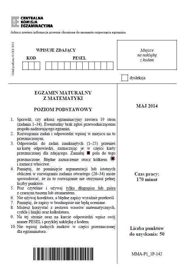 Matura 2014: Matematyka [ODPOWIEDZI, ARKUSZE] - poziom podstawowy