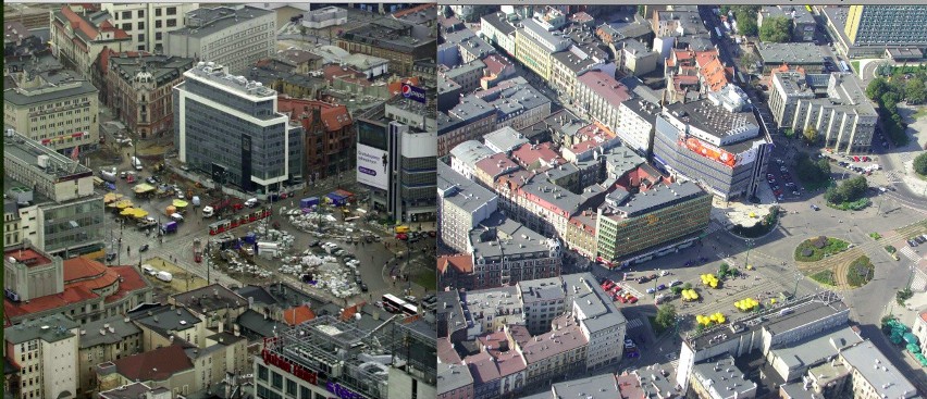 Rynek w Katowicach. Z prawej w 2013 - z nowym Domem Prasy, z...