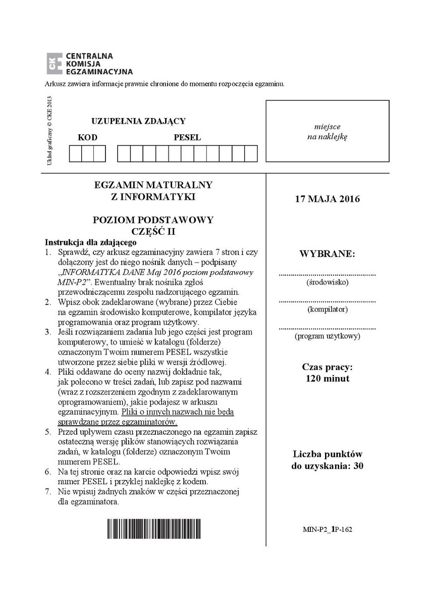 Stara matura 2016: INFORMATYKA podstawowa [ARKUSZ CKE,...