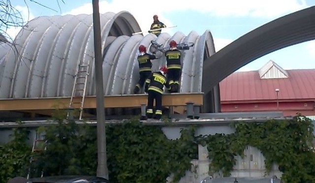 Rower z dachu hali targowej zdjęli strażacy.