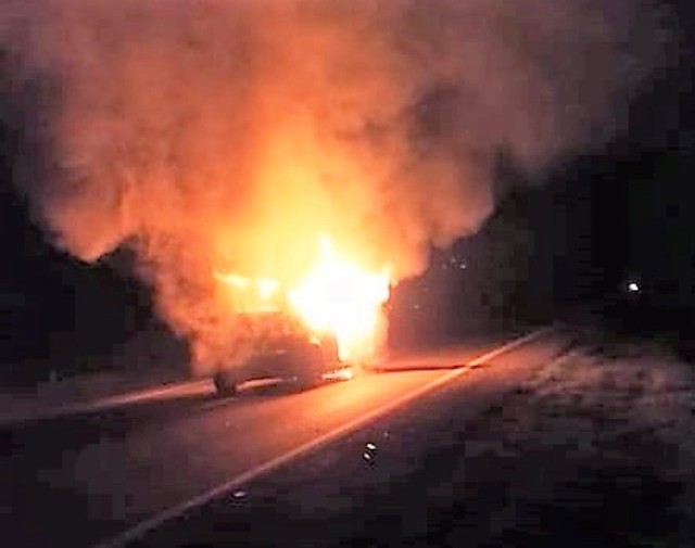 Groźny wypadek samochodowy na trasie Bytów - Kościerzyna. Samochód zderzył się z jeleniem i stanął w płomieniach