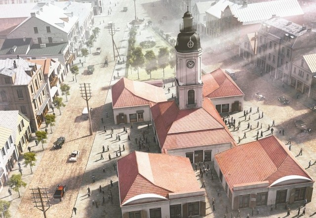 Wygląd przedwojennego Rynku Kościuszki odtworzono na podstawie zachowanych dawnych zdjęć i planów miasta. Tu widok z góry na Ratusz.