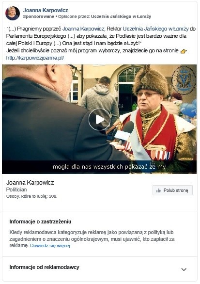 Za reklamy kandydatki z PiS Joanny Karpowicz zapłaciła prywatna uczelnia, której jest rektorem. Tak wynika z Facebooka