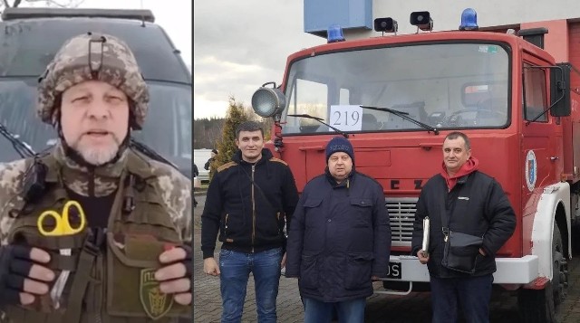 Wołodymyr Moldavczuk dziękujący gminie Dzikowiec oraz wóz strażacki Jelcz, który gmina przekazała hromadzie Przerośl w Donbasie.