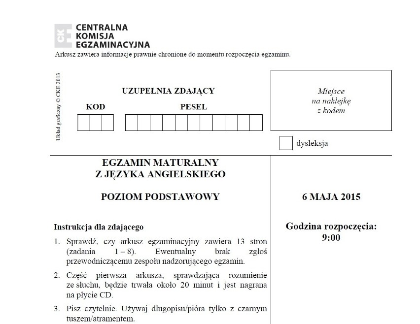 Matura 2015.  Język angielski,  poziom podstawowy, technikum...