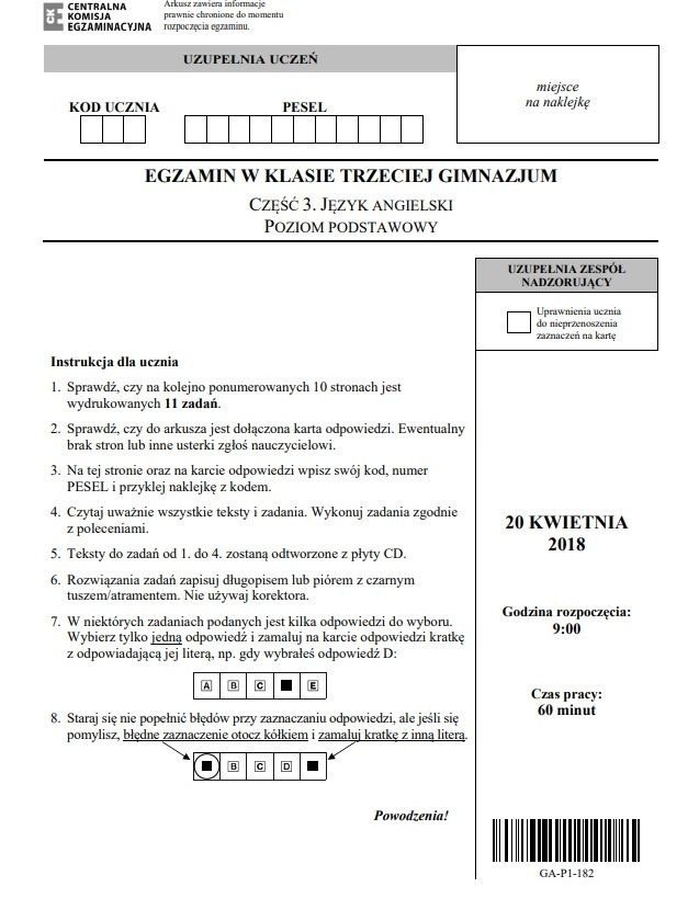 Egzamin gimnazjalny. Arkusze z języka angielskiego [PODSTAWA