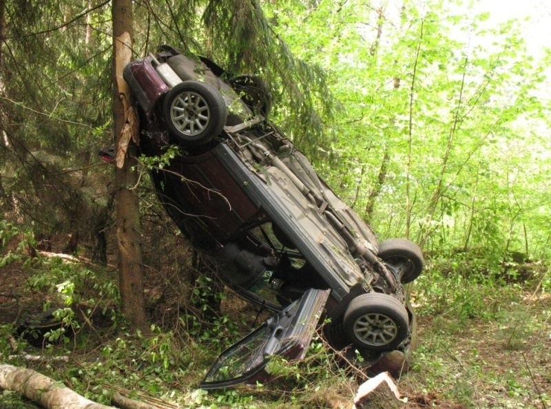 Audi dachowało i zatrzymało się na drzewie.