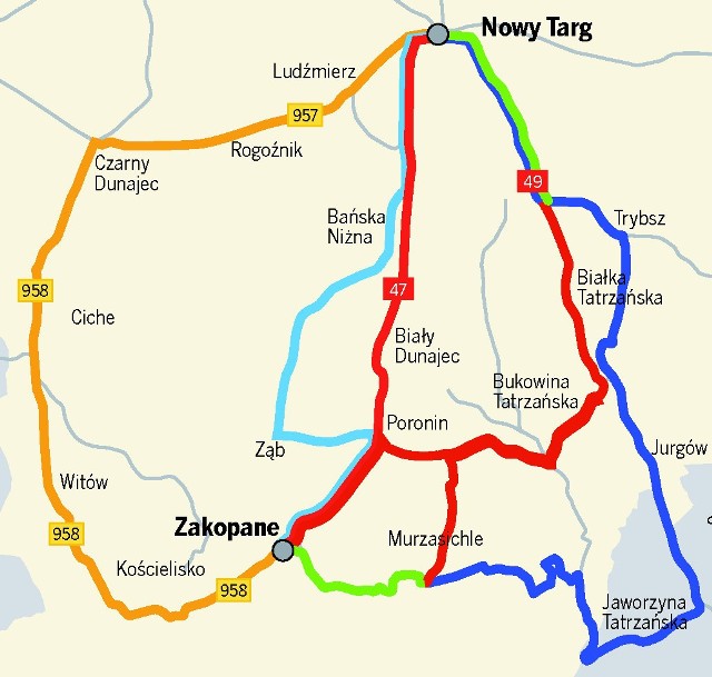 Mapa pokazuje drogi alternatywne do zakopianki i najkrótsze dojazdy z Zakopanego do Białki Tatrzańskiej. Warto skorzystać z zaproponowanych przez nas wariantów podróży, aby nie utknąć w korku