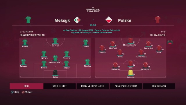 Wszystko fajnie zbiegło się w czasie: w grze FIFA 23 pojawiła się właśnie opcja rozegrania Mundialu w Katarze, a już w realnym świecie selekcjoner reprezentacji Polski Czesław Michniewicz ogłosił kadrę na turniej. Sprawdziliśmy więc, jak skład zbliżony do optymalnego wypadł w wirtualnej symulacji. Poznajcie odpowiedź na to czy wyszliśmy z grupy... Ważne: w FIFIE w kadrze Polski brakuje Jakuba Kiwiora. Kierując się więc logiką do obrony dorzuciliśmy w jego miejsce Bartosza Bereszyńskiego. 