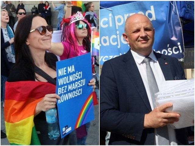 Po lewej: Marsz Równości 2019. Po prawej: radny Tomasz Pitucha podczas piątkowej konferencji prasowej