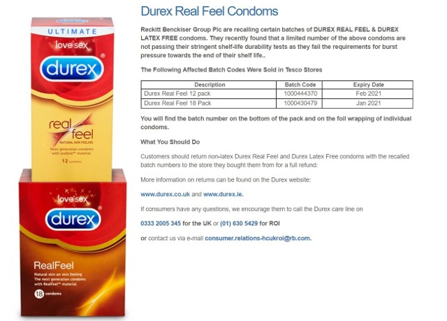 Tesco w Irlandii wycofuje tysiące prezerwatyw marki Durex. Oficjalny komunikat zamieszczony na stronie https://www.tesco.ie