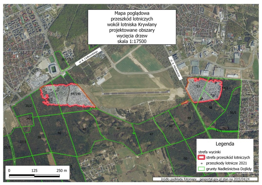 Mapa poglądowa przeszkód lotniczych wokół lotniska Krywlany