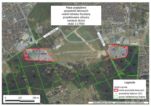 Mapa poglądowa przeszk&oacute;d lotniczych wok&oacute;ł lotniska Krywlany